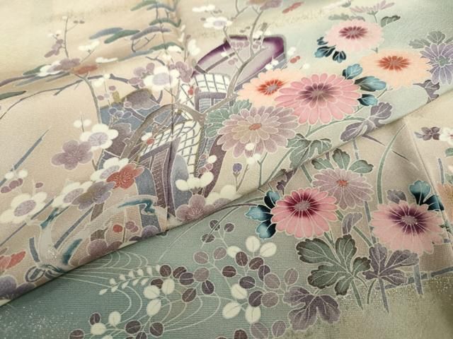 平和屋着物○訪問着 流水御所車草花文 暈し染め 銀彩 正絹 逸品 未使用