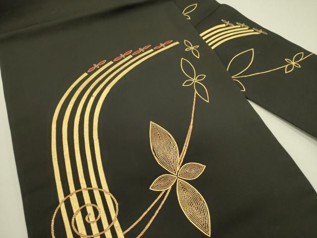 平和屋着物 塩瀬 九寸名古屋帯 駒刺繍 花唐草文 黒地 金彩 正絹 op