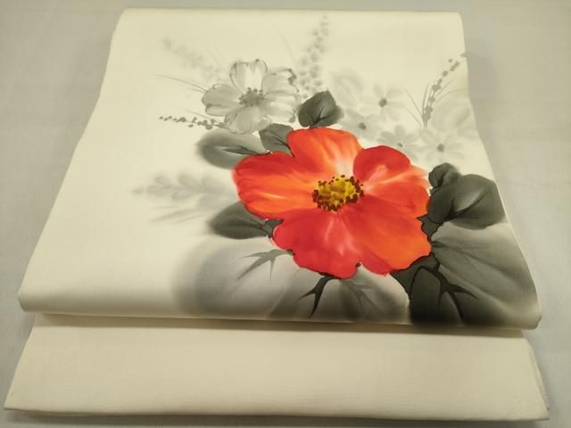 平和屋着物 塩瀬 九寸開き名古屋帯 作家物 手描き 草花 正絹 op
