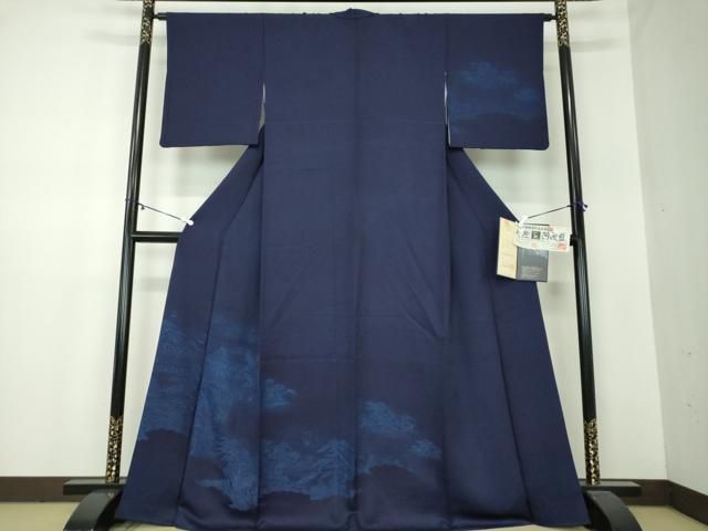 平和屋着物●藍造り国選定無形文化財　藍師・佐藤昭人　訪問着　変り織　ろうけつ染め　風景文　認定証・証紙付き　正絹　逸品　DABA1153ps 平和屋着物○藍造り国選定無形文化財 藍師・佐藤昭人 訪問着 変り織