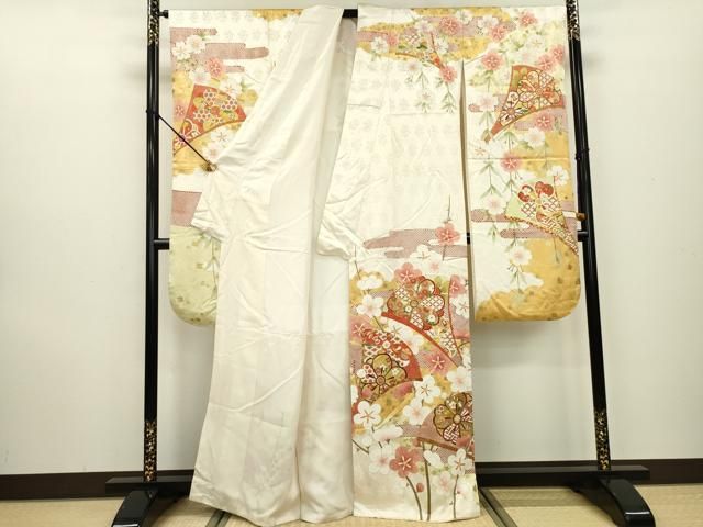 豪華 振袖　駒刺繍　扇面草花文　金彩　まるやま扱い　逸品 扇子模様 正絹　絹 豪華 振袖 駒刺繍 扇面草花文 金彩 まるやま扱い 逸品 扇子模様 正絹 絹