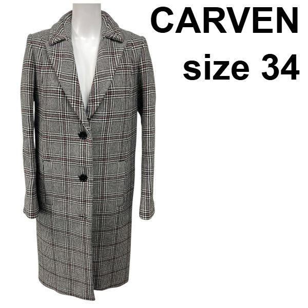 □ カルヴェン CARVEN チェスターコート グレンチェック柄 白 黒 赤