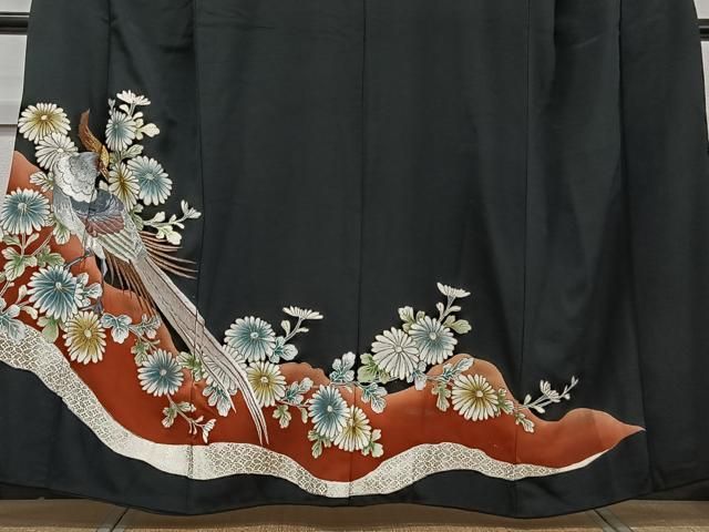 平和屋着物□豪華黒留袖 刺繍 尾長鳥花文 暈し染め 金彩 正絹 逸品