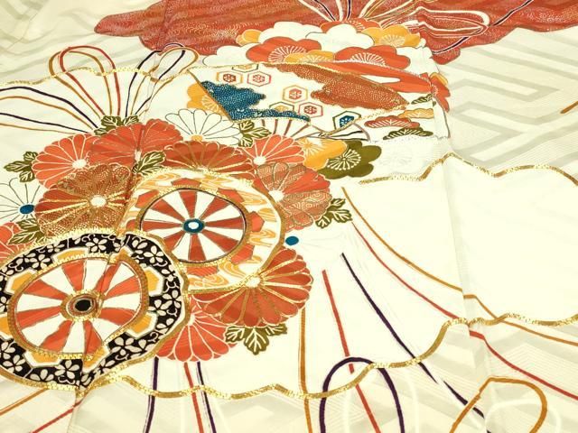 平和屋着物□豪華振袖 駒刺繍 檜扇鼓花文 金彩 正絹 逸品 DAAY7663sf