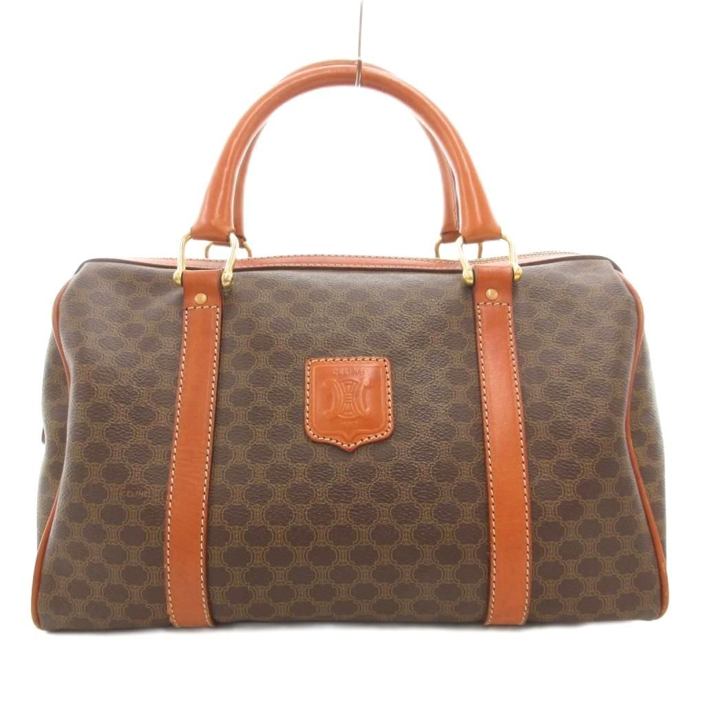 セリーヌ マカダム スエード ハンドバッグ ミニボストン馬車 ブラウン レザー セリーヌ CELINE ハンドバッグ ミニボストン マカダム柄 PVC レザー