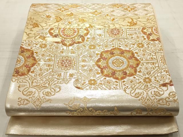 白無垢 華紋柄に金糸ヘ 平和屋本店▽西陣 六通柄袋帯 吉祥花文 純金二重箔 金銀糸 正絹 逸品