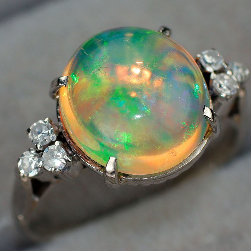 Pt850 ファイア オパール ダイヤモンド リング 千本透かし 陽刻昭和