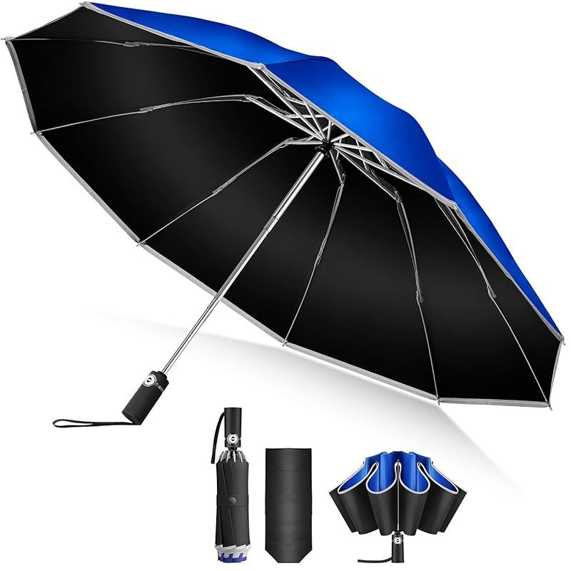 逆折り式10本骨 折りたたみ傘 ワンタッチ自動開閉 メンズ レディース兼用 耐風 豪雨対応 台風対策可 広幅105 cm大きい 反射テープ付き 遮光99 UVカット99 男子日傘 テフロン加工 折り畳み傘 収納ポーチ付き 晴雨兼用 梅雨対策 丈夫耐久 0