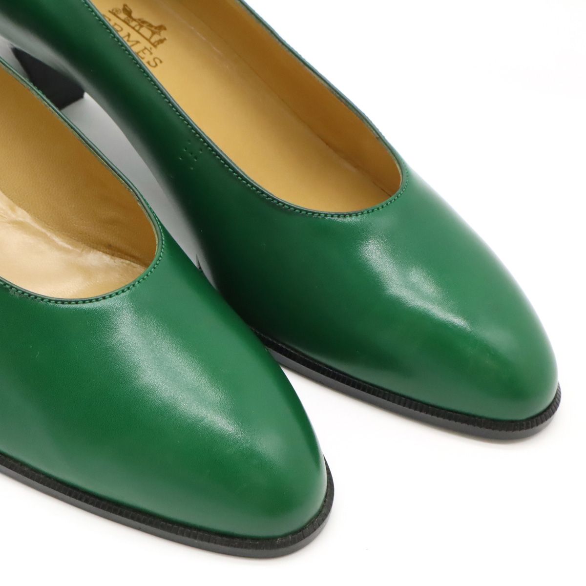 HERMES エルメス パンプス ローヒール Hロゴ パンチング レザー 