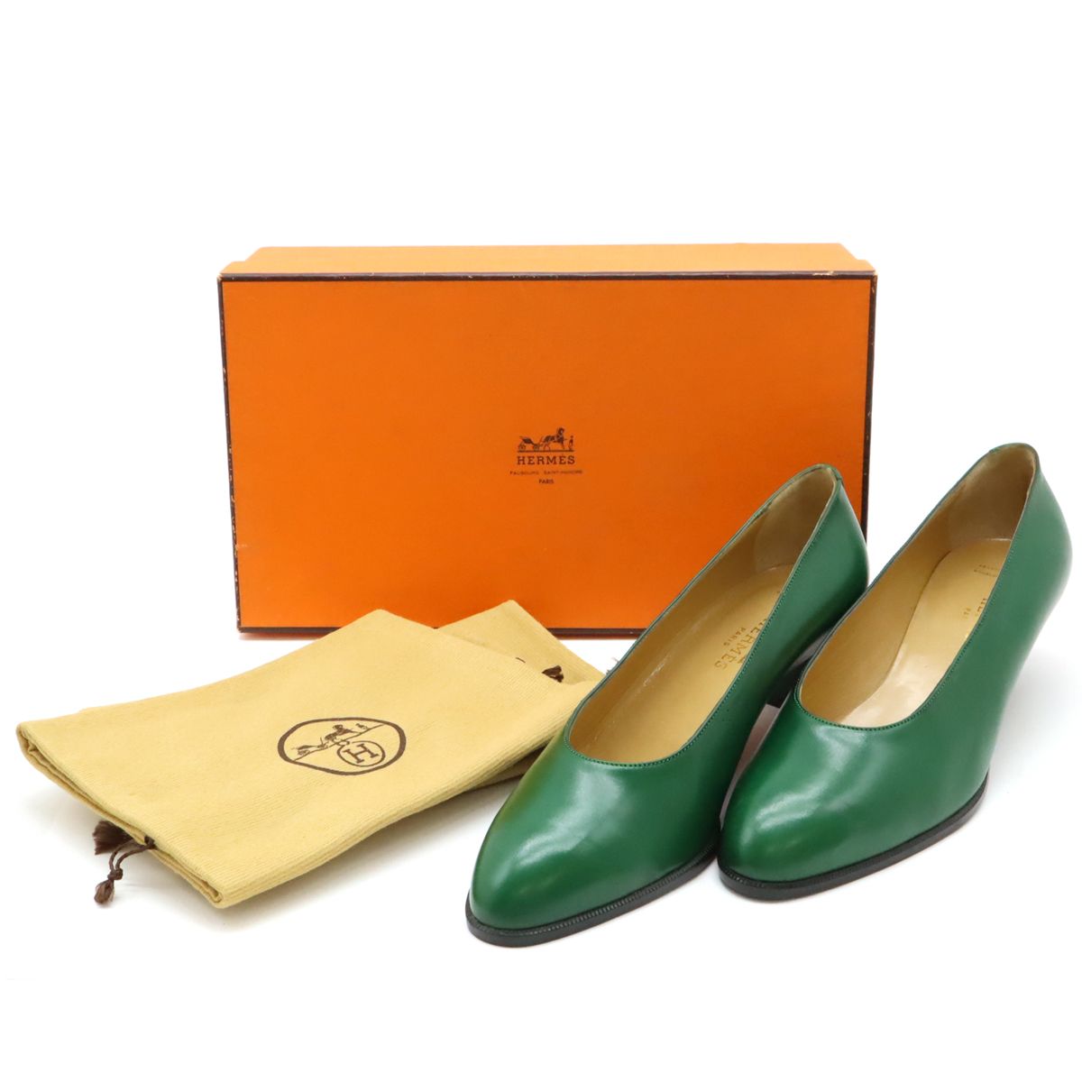 HERMES エルメス パンプス ローヒール Hロゴ パンチング レザー 