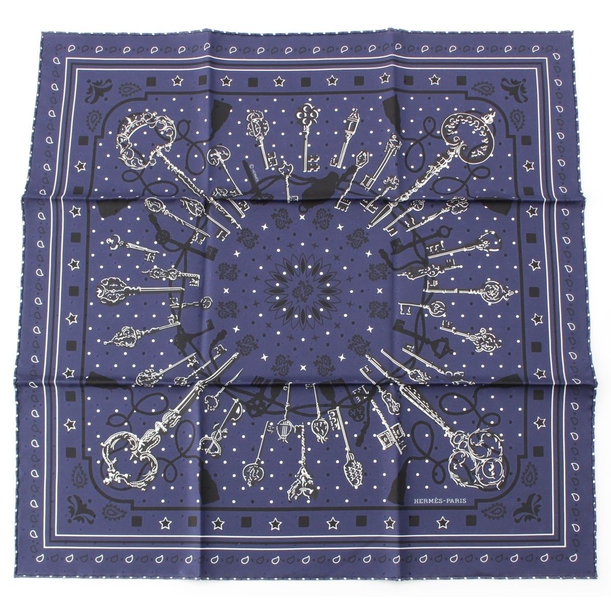 エルメス カレ55 Les Cles Bandana レ クレ バンダナ シルク スカーフ ブルー ネイビー
