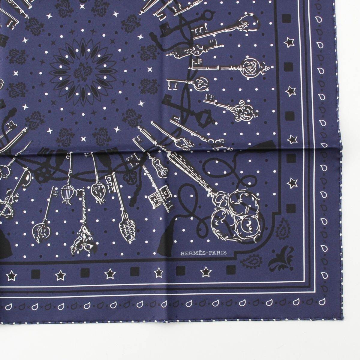  エルメス カレ55 Les Cles Bandana レ クレ バンダナ シルク スカーフ ブルー ネイビー バンダナ スカーフ 小物