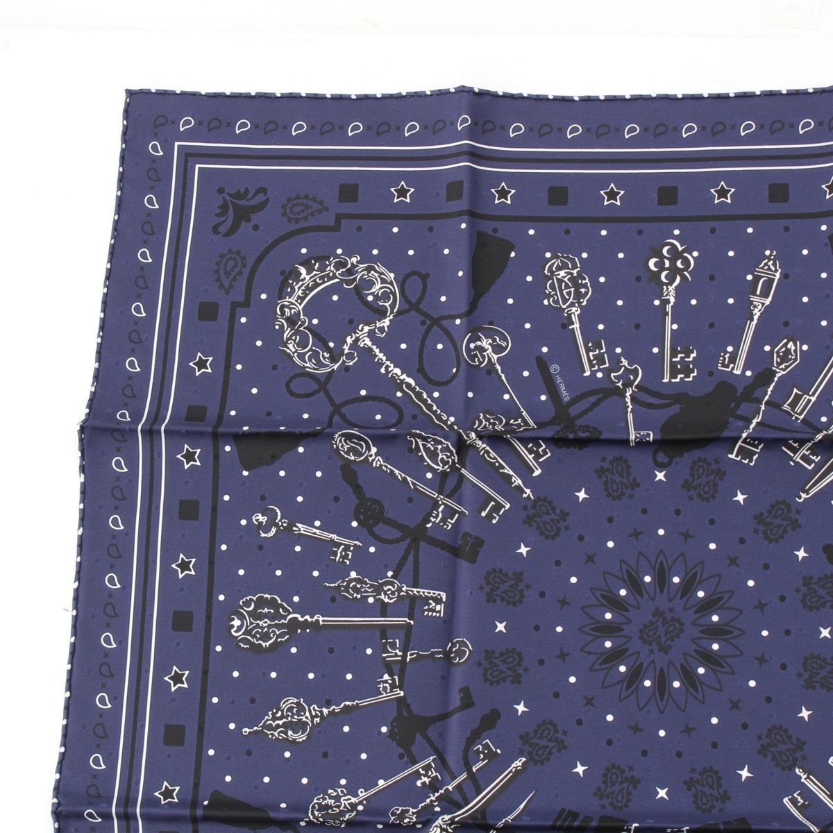 エルメス カレ55 Les Cles Bandana レ クレ バンダナ シルク スカーフ ブルー ネイビー
