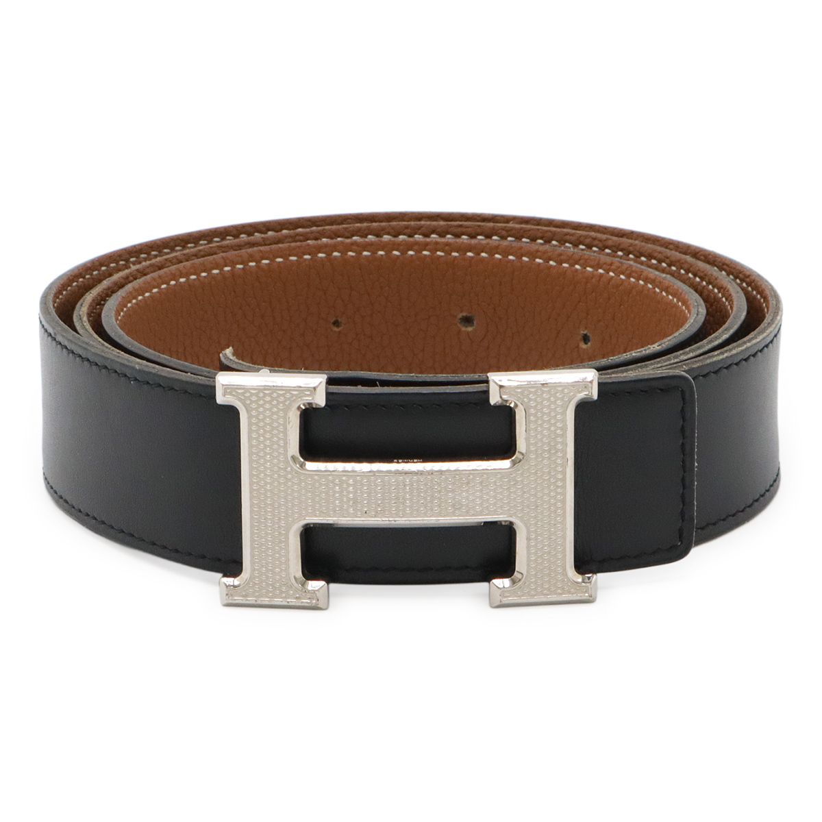 HERMES エルメス Hギヨシェ Hベルト リバーシブル レザー ブラック 黒 