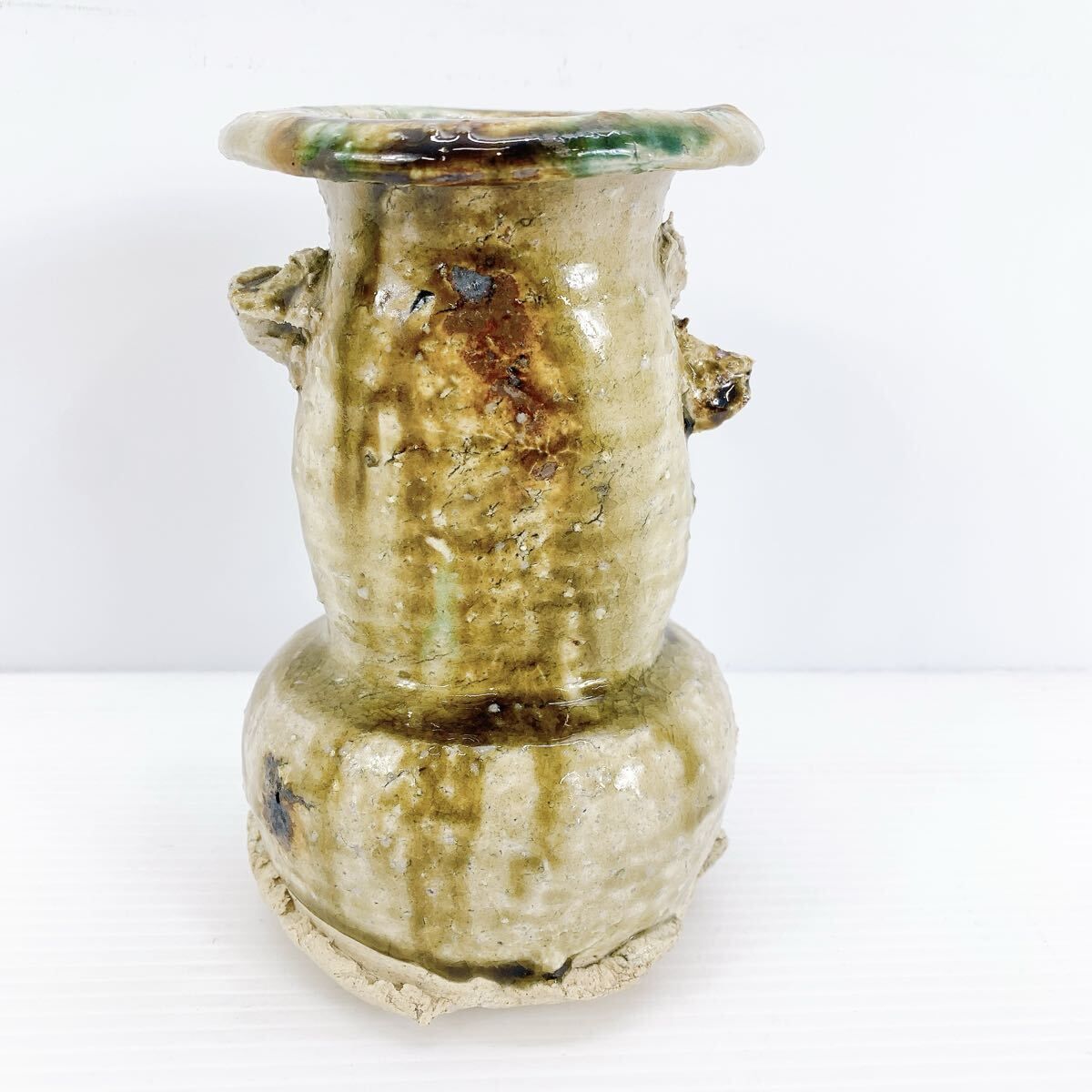 Y 512 安藤實 作 観音洞 両耳花生 花瓶 共 伝統工芸 手仕事 花器 生け花 茶道華道 インテリア 花入 花生 アンティーク