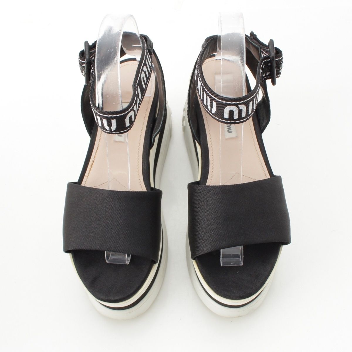 ミュウミュウ ファブリック プラットフォーム 厚底 ロゴ ストラップ