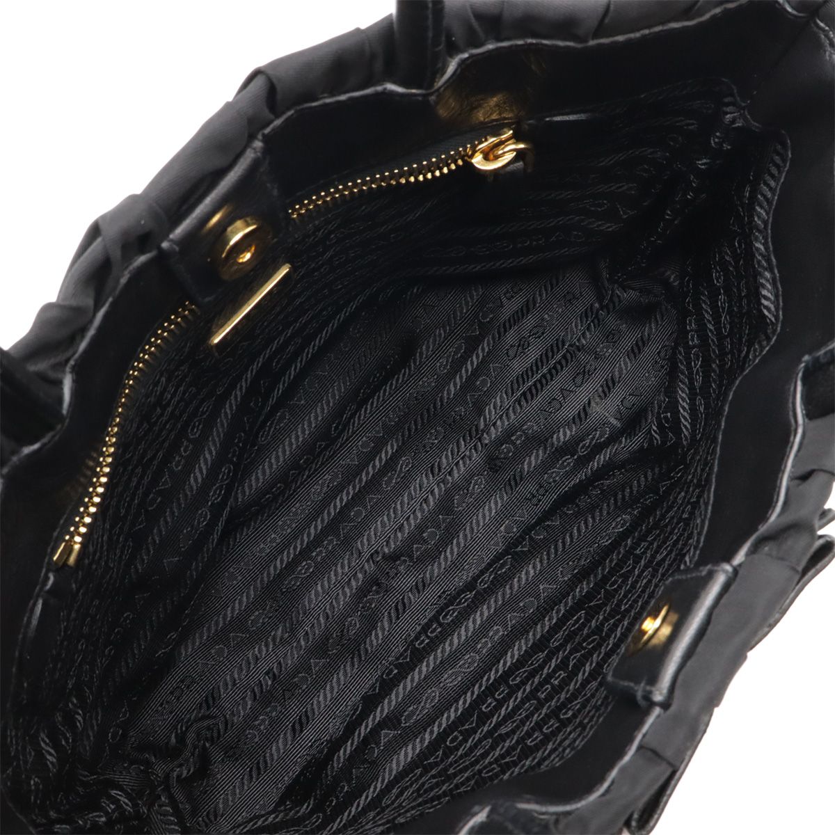 PRADA プラダ ハンドバッグ リボン ギャザー ナイロン レザー NERO