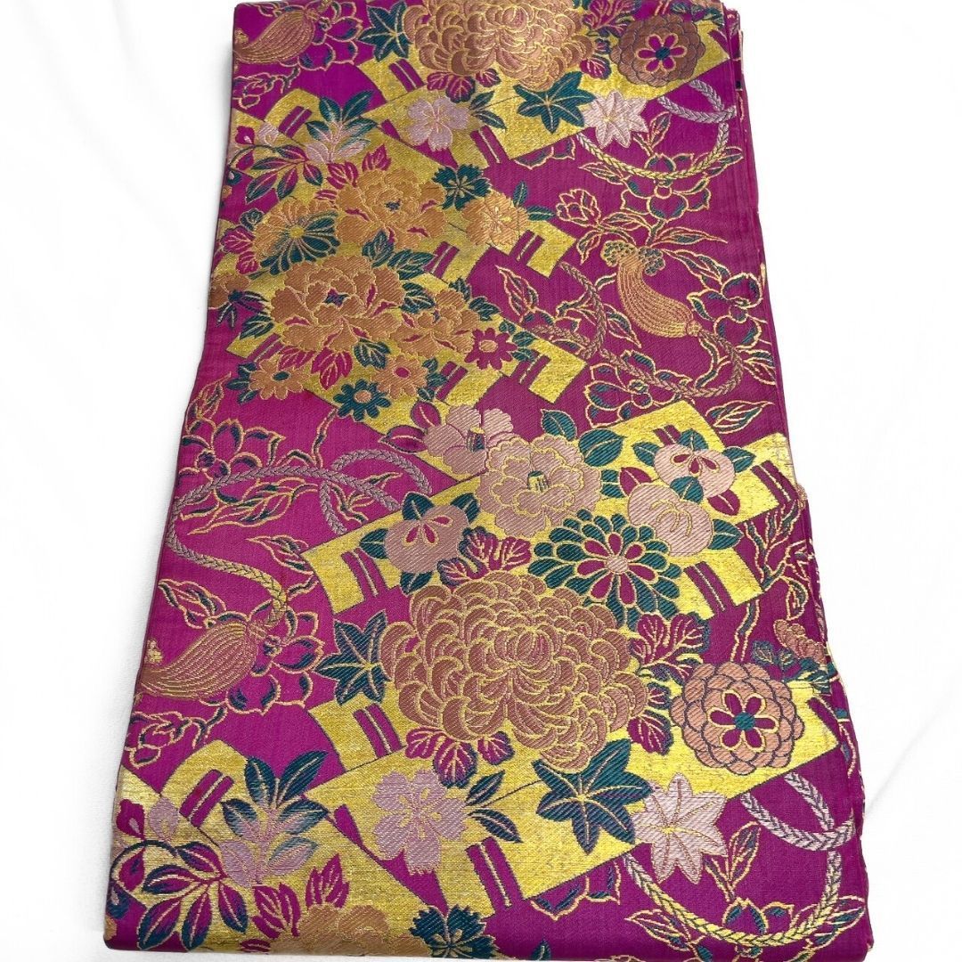 名古屋帯 アンティーク 乱菊 椿 牡丹 水引 金糸 着物 115 p ms