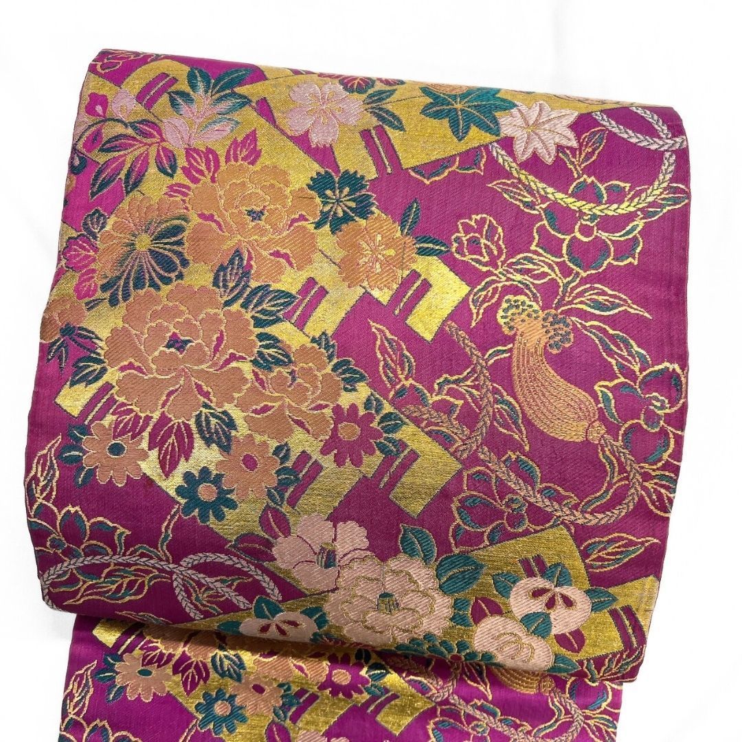 名古屋帯 アンティーク 乱菊 椿 牡丹 水引 金糸 着物 115 p ms