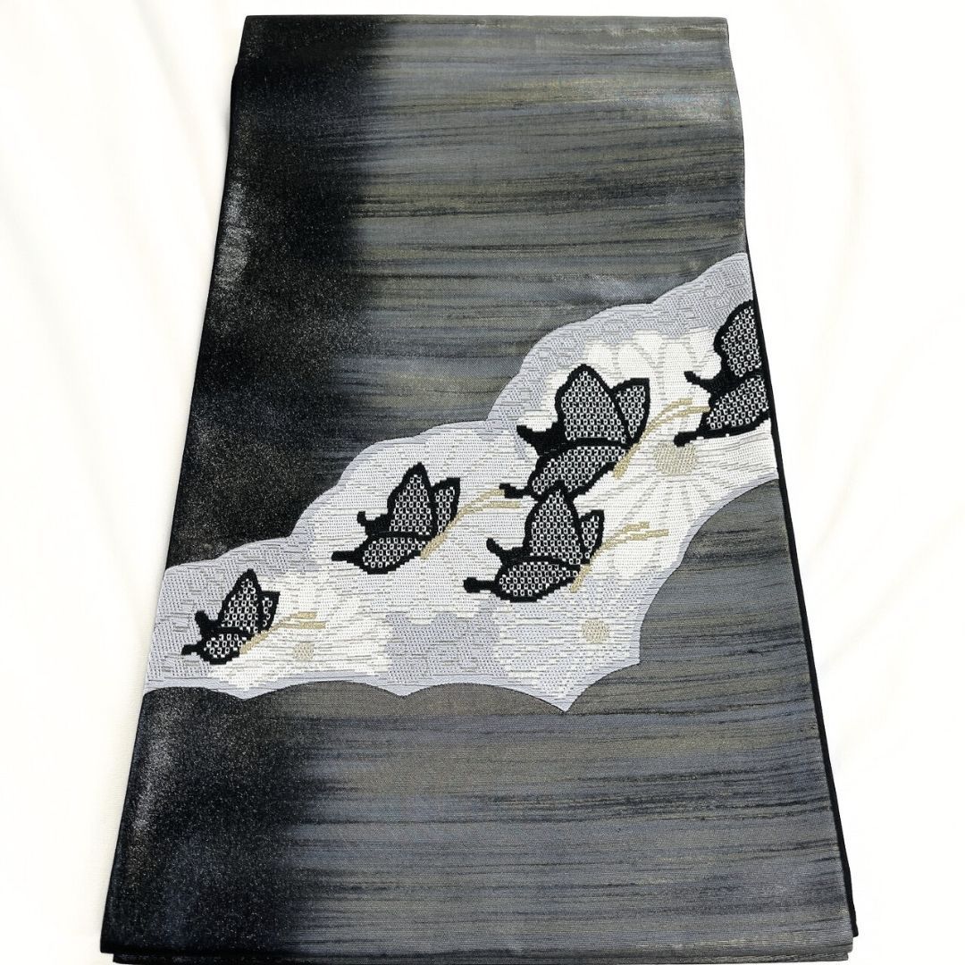 未着用 袋帯 絽刺し 横縞 霞 菊花 蝶 着物 115 p ms - メルカリ