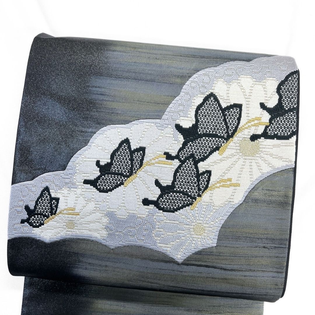 未着用 袋帯 絽刺し 横縞 霞 菊花 蝶 着物 115 p ms - メルカリ