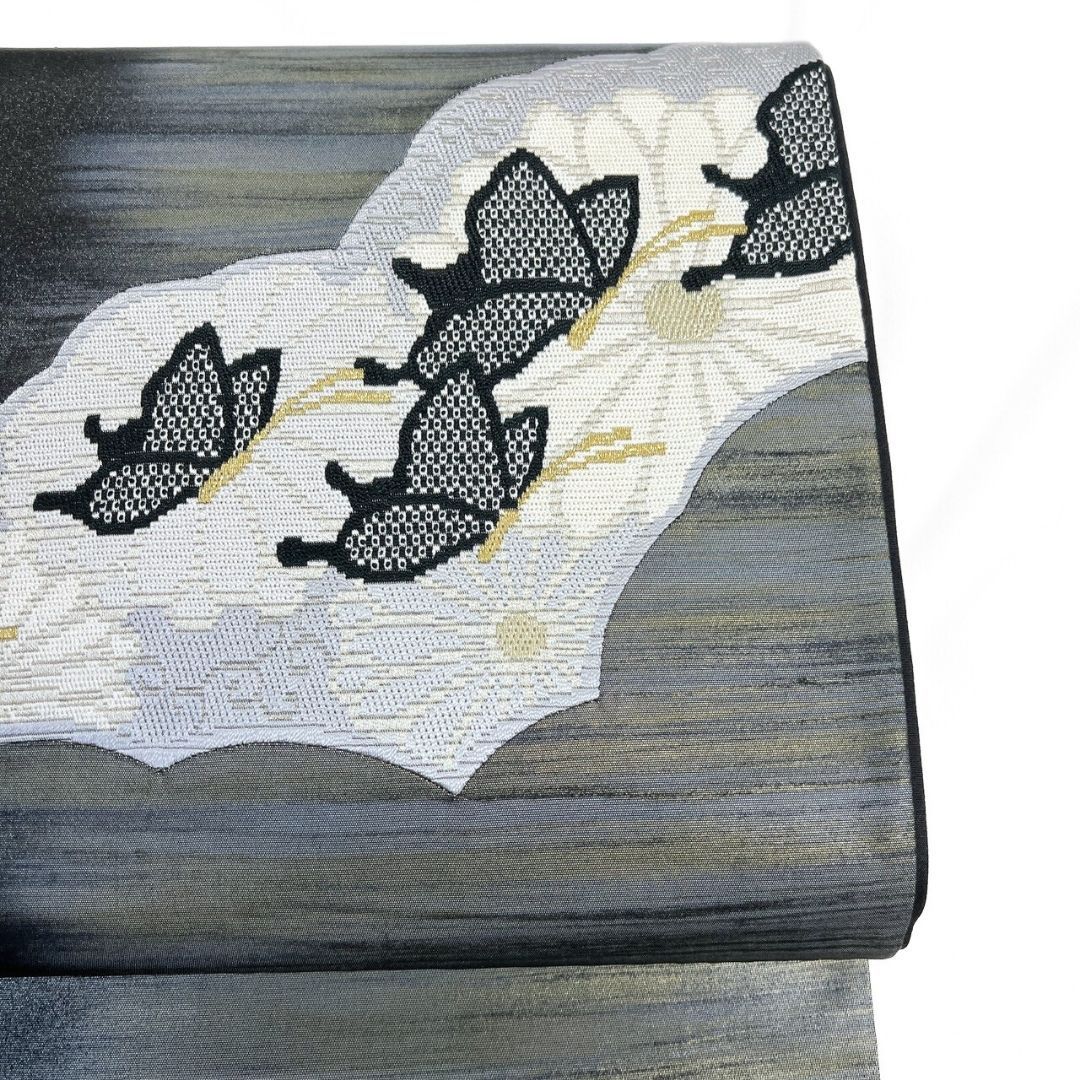 未着用 袋帯 絽刺し 横縞 霞 菊花 蝶 着物 115 p ms - メルカリ