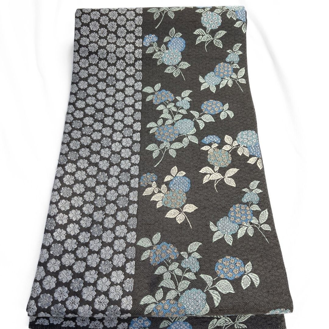 袋帯 花模様 小花 縦縞 チャコールグレー 着物 115 p ms