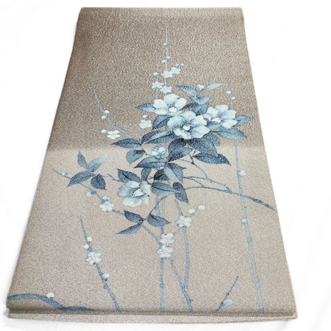 袋帯 作家もの 綴れ織 花模様 銀糸 着物 115 p ms