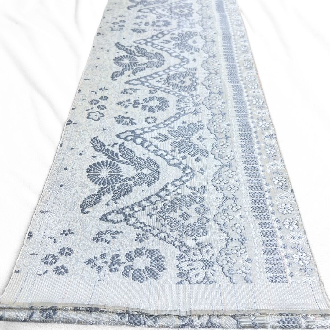 袋帯 全通 本場筑前博多織 縦縞 花模様 唐花模様 アイボリー 着物 115 p ms