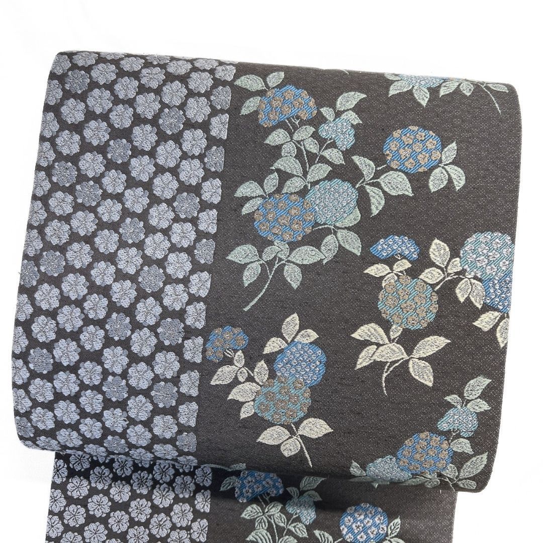 袋帯 花模様 小花 縦縞 チャコールグレー 着物 115 p ms