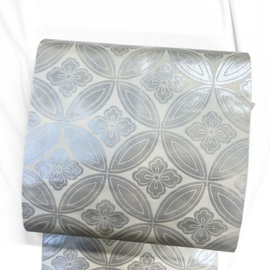 名古屋帯 七宝 花菱 白地 銀糸 着物 115 p ms