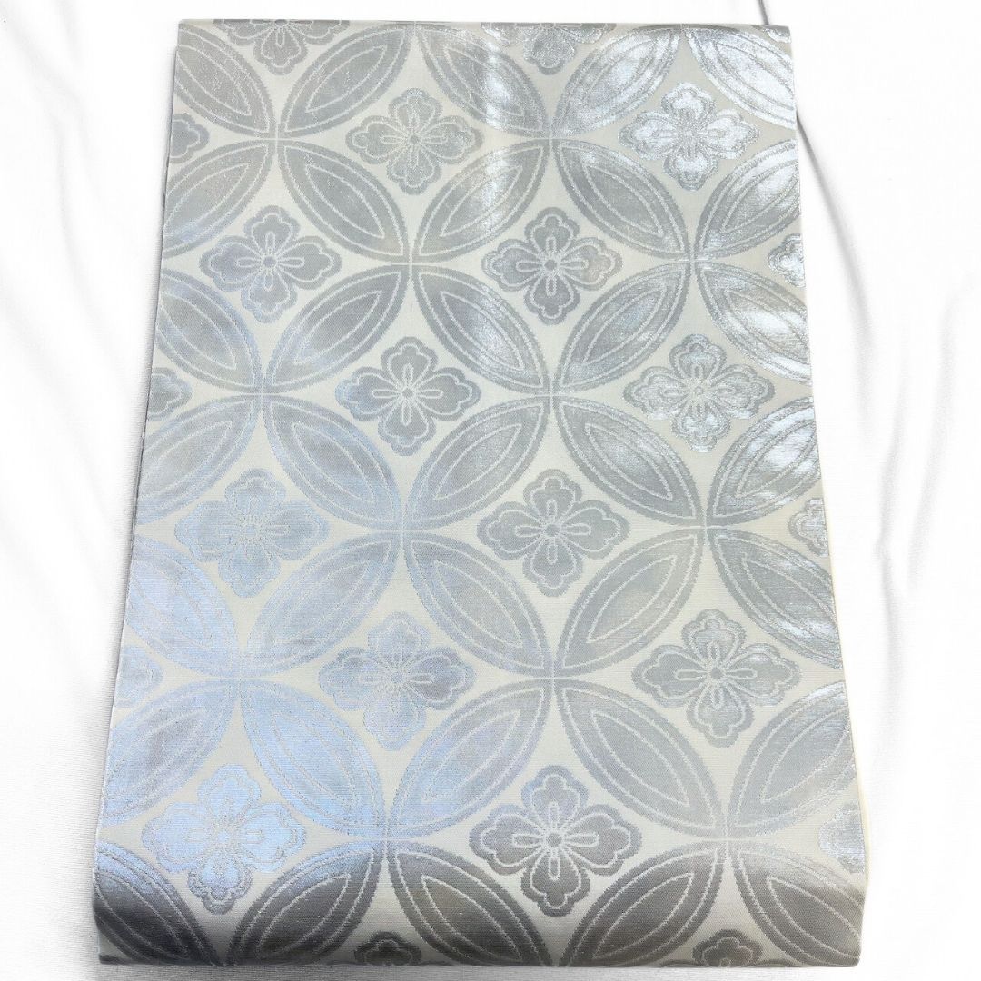 名古屋帯 七宝 花菱 白地 銀糸 着物 115 p ms