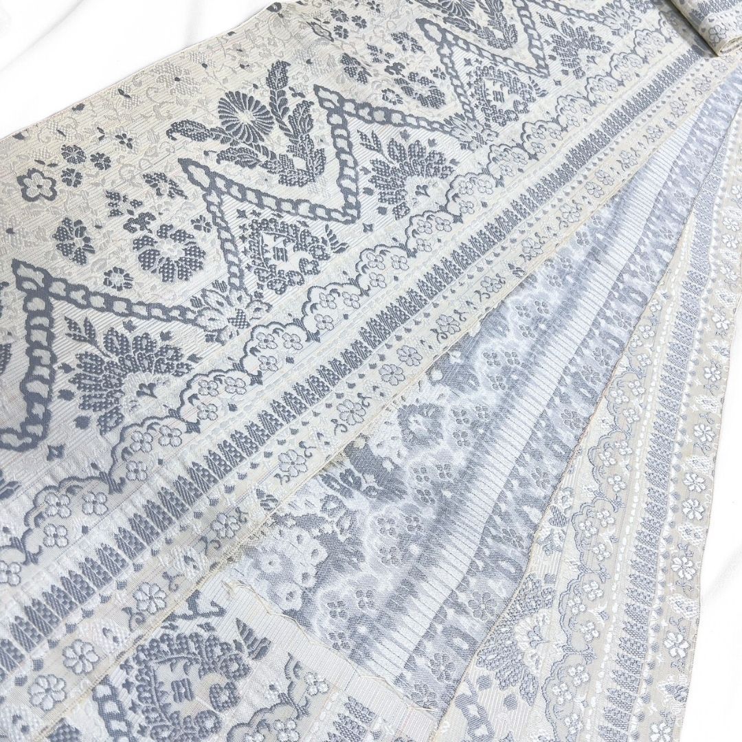 袋帯 全通 本場筑前博多織 縦縞 花模様 唐花模様 アイボリー 着物 115