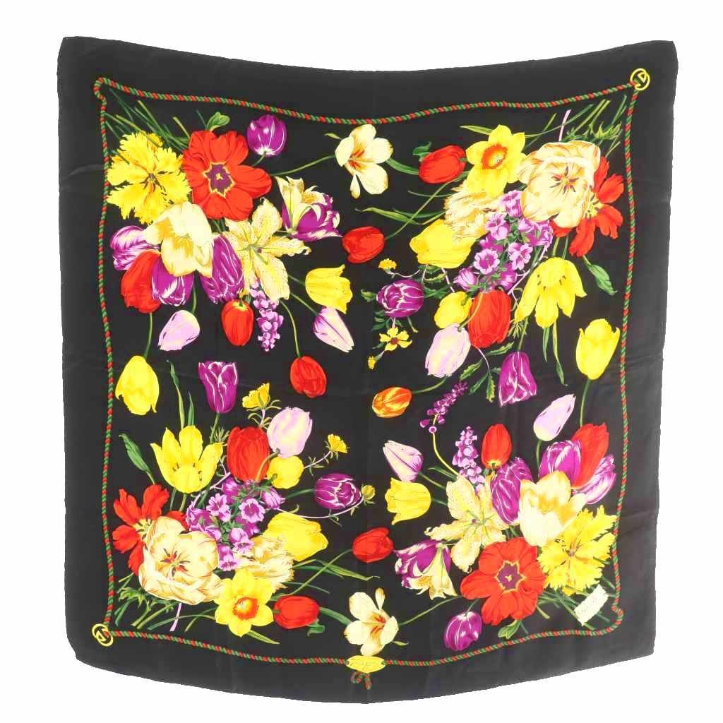 グッチ GUCCI スカーフ 大判 絹 シルク 花柄 総柄 ロゴ マルチカラー