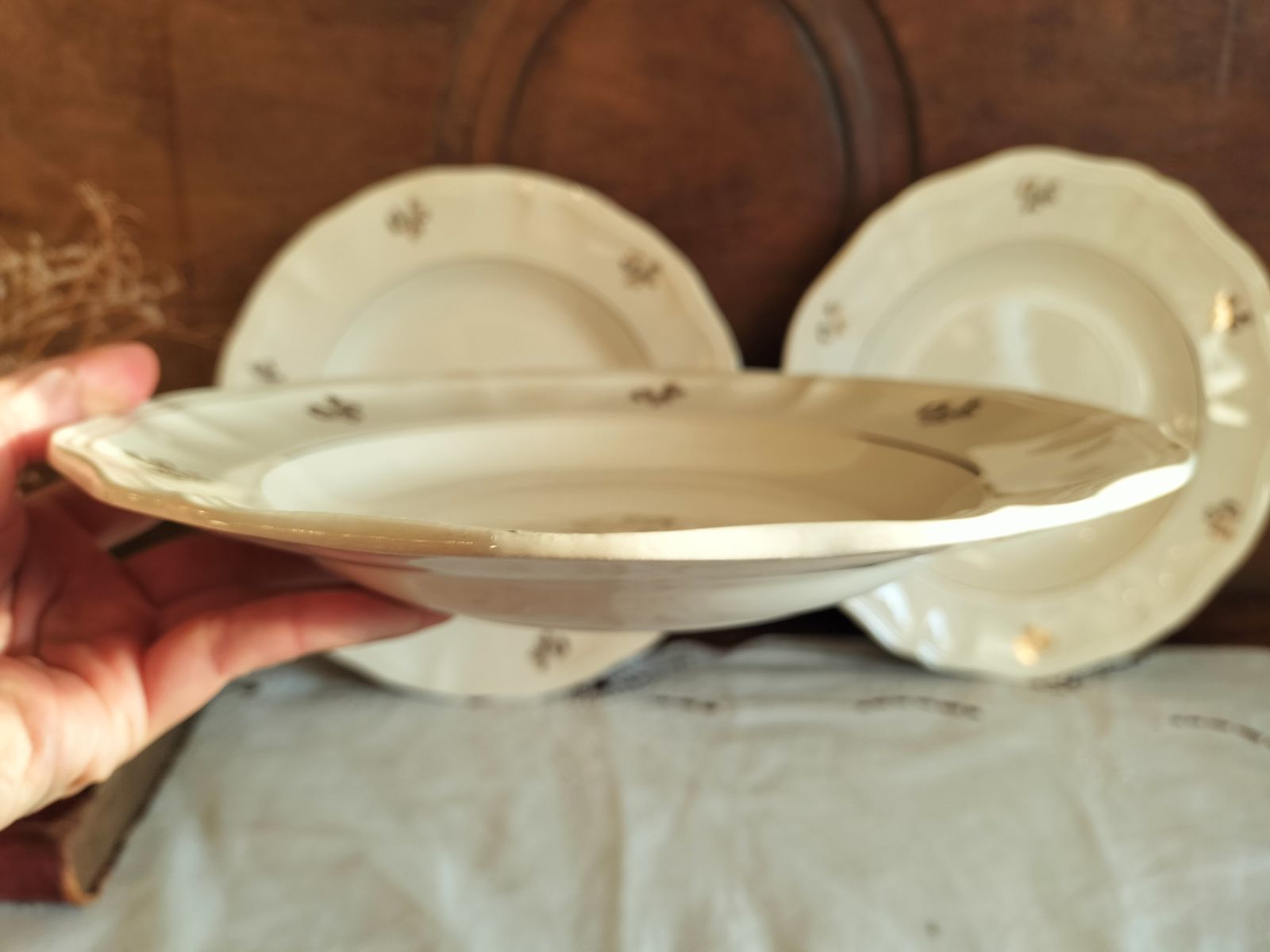 フランス アンティーク サルグミンヌ 花リム 絵つき 深 皿 3枚セット