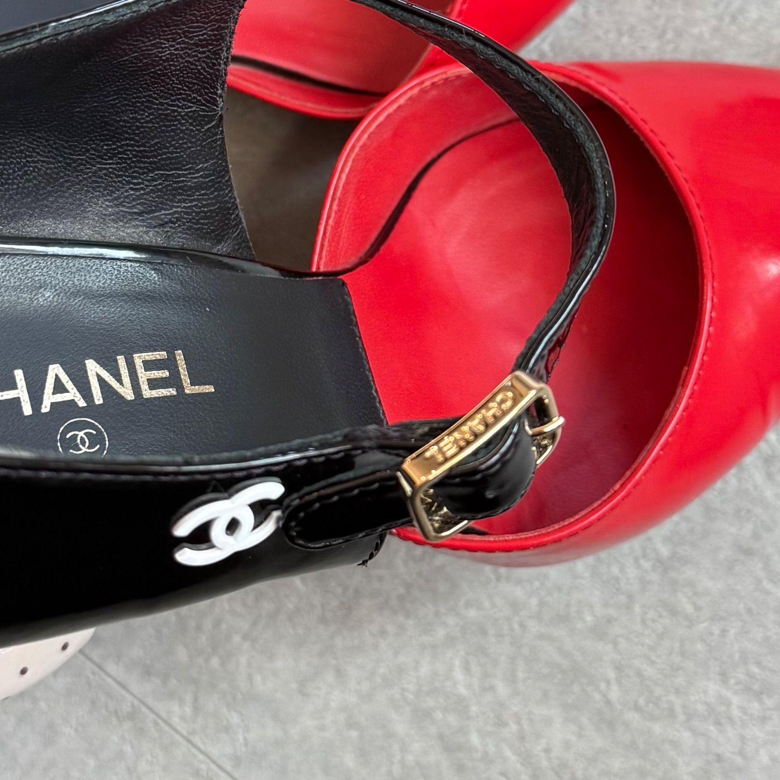美品 CHANEL シャネル ココマーク バイカラー ストラップパンプス