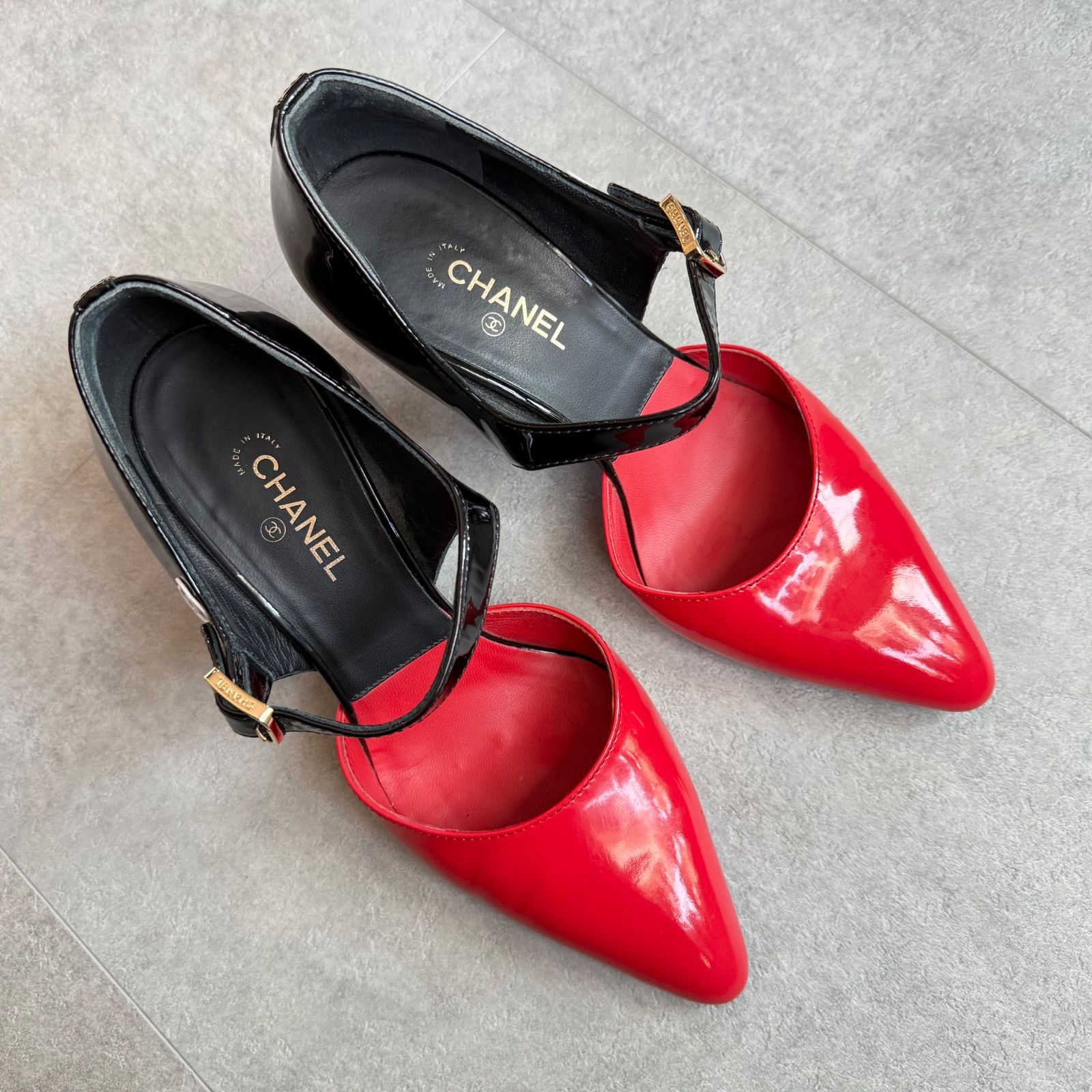 美品 CHANEL シャネル ココマーク バイカラー ストラップパンプス