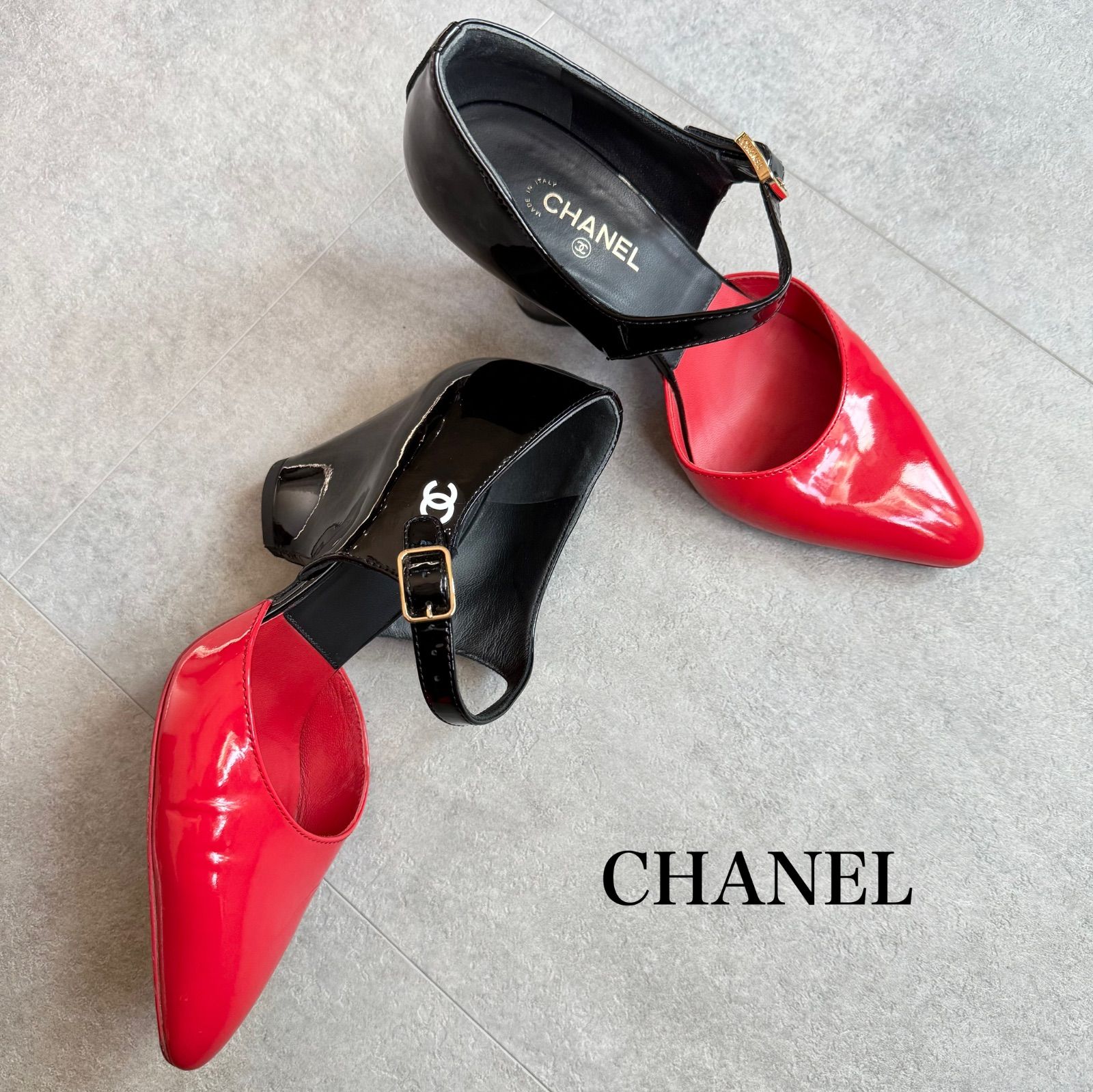 美品 CHANEL シャネル ココマーク バイカラー ストラップパンプス