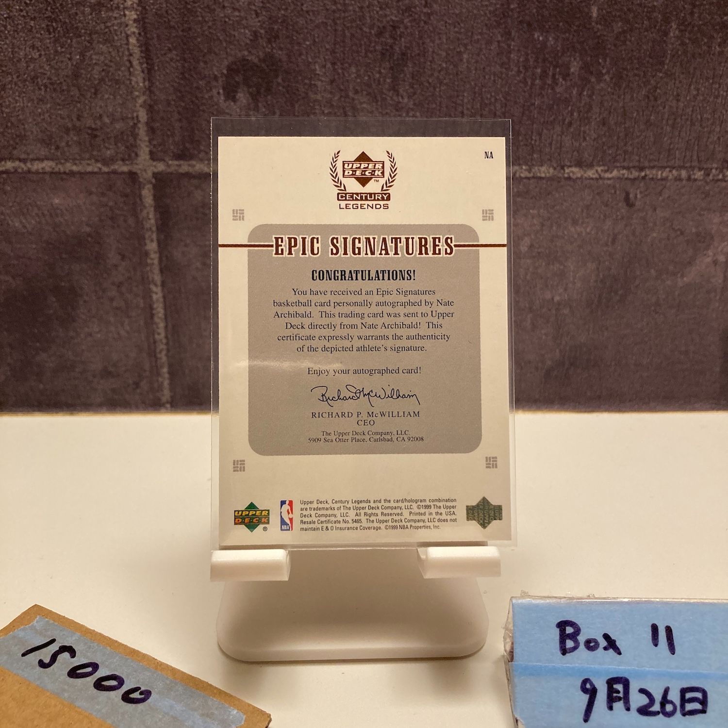 1999 Upper Deck Century Legends Nate Archibald 直筆サインカード Epic Signatures カード