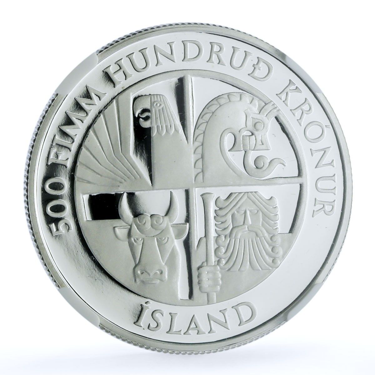 アイスランド 500クローナ 第一植民地 KM-20 女性牛 PF 68 NGC 銀貨