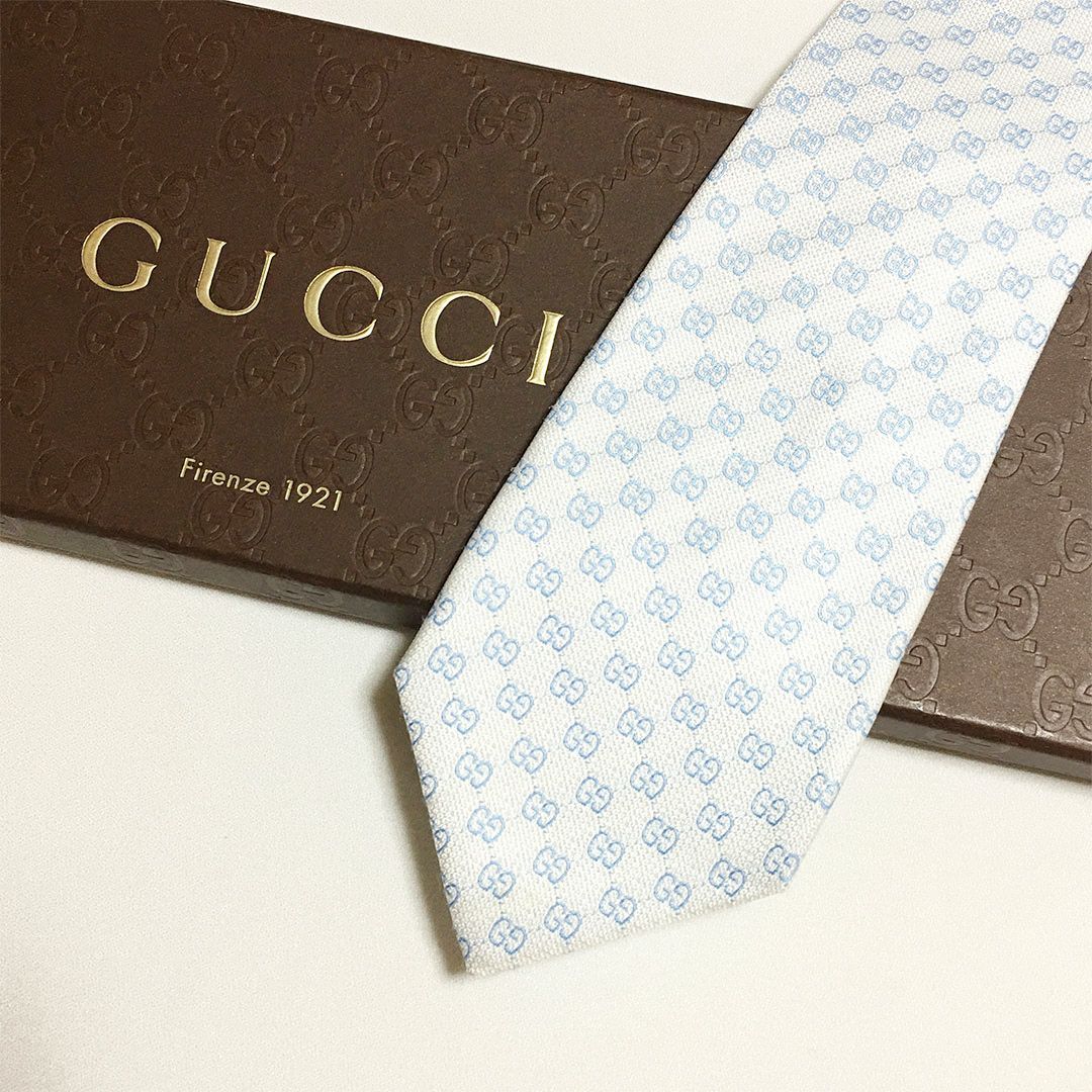 未使用級 グッチ GUCCI ネクタイ シルク100% ホワイト / ライトブルー