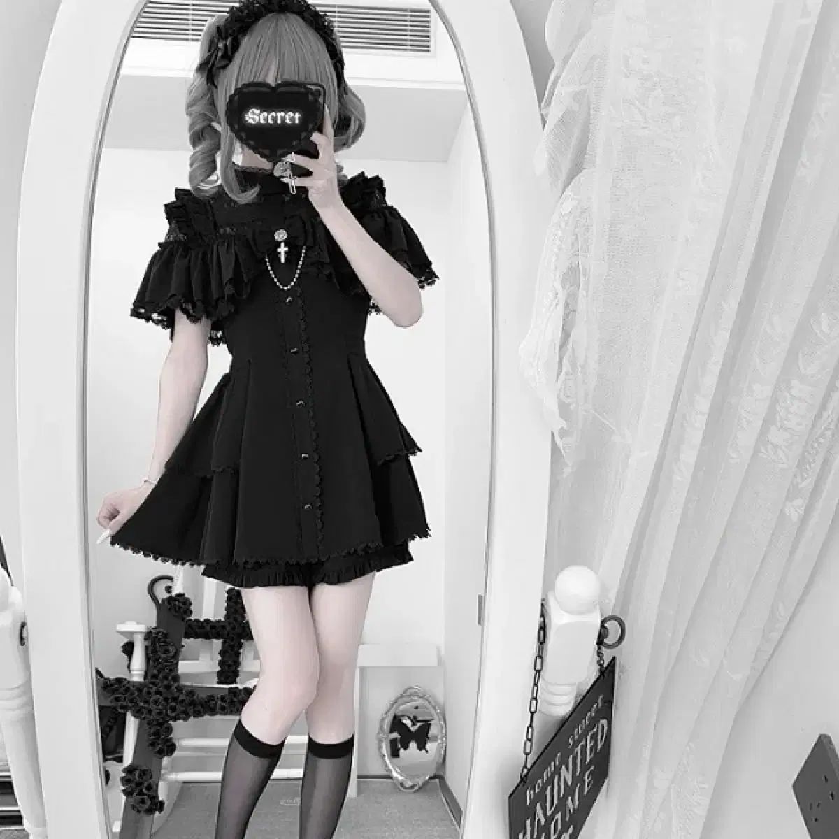 地雷系 십자リボン レース リボン ハイウエスト ONE PIECE ハーフパンツ セットアップ 2 COLOR