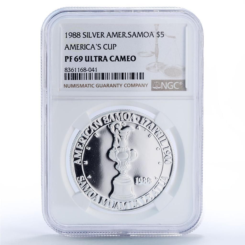 アメリカ領サモア 5ドル アメリカカップ ヨットシップ PF 69 NGC 銀貨 1988年