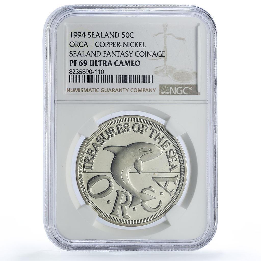 シーランド 50セント シャチ クジラ 海の宝物 ファンタジー X 8 1 PF 69 NGC CuNi コイン 1994年