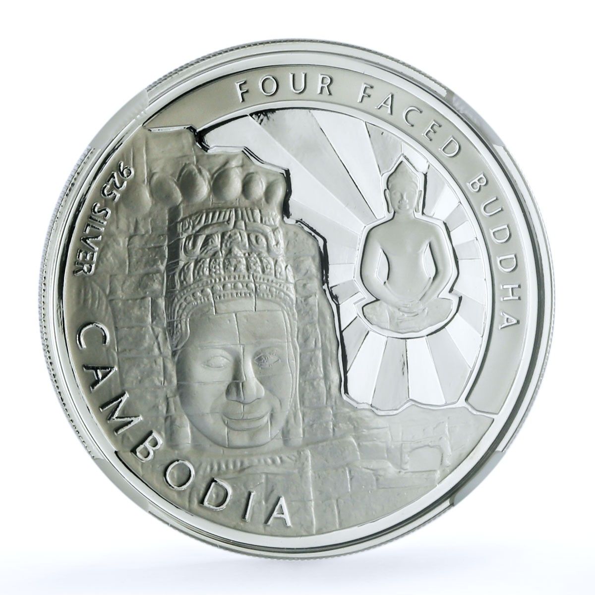 カンボジア 3000リエル 四面仏 KM 100 宗教 PF 70 NGC 銀貨 2001年