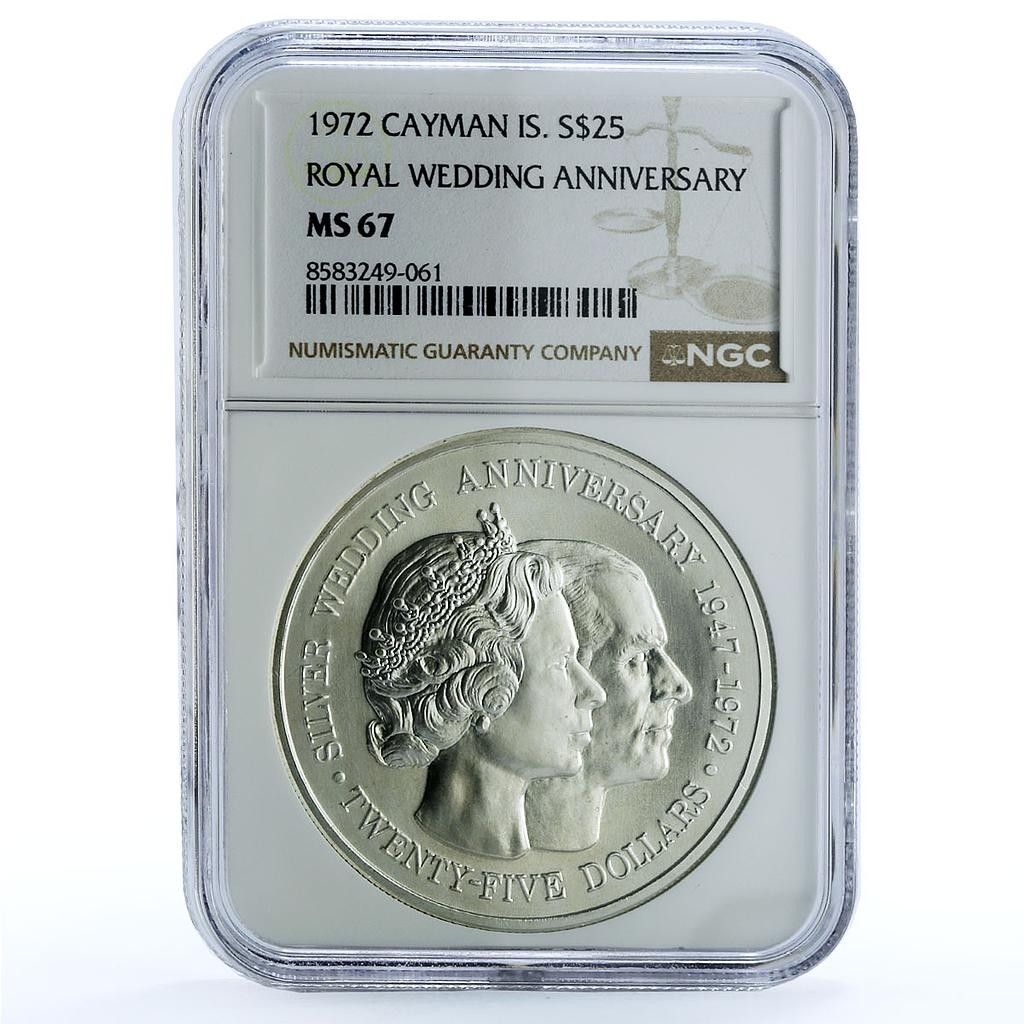 ケイマン諸島 25ドル エリザベス2世フィリップ結婚記念 MS 67 NGC銀貨