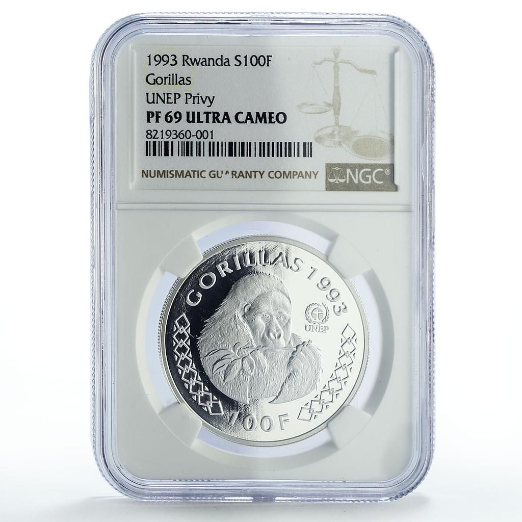 ルワンダ 100フラン 国連 UNEP ゴリラ動物相 PF 69 NGC 銀貨 1993年
