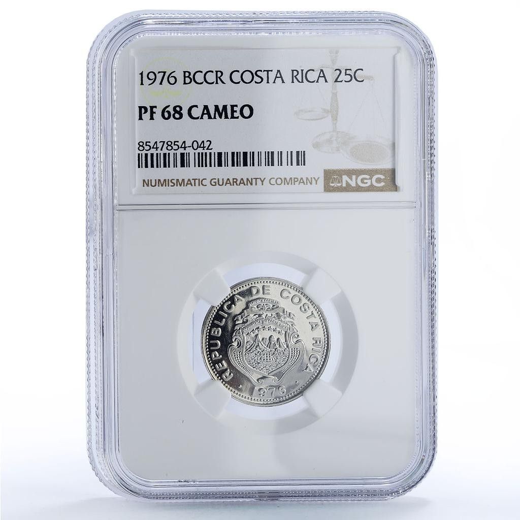 コスタリカ 25 センティモ 共和国貨幣 BCCR ラージデイト PF 68 NGC CuNi コイン 1976