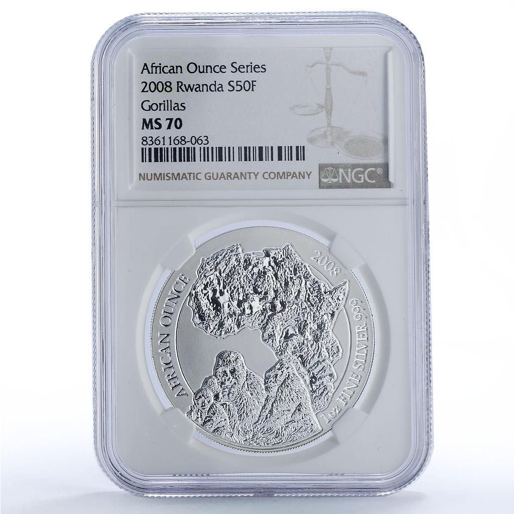 ルワンダ 50フラン ゴリラ アフリカンオンス 野生動物 動物 MS70 NGC