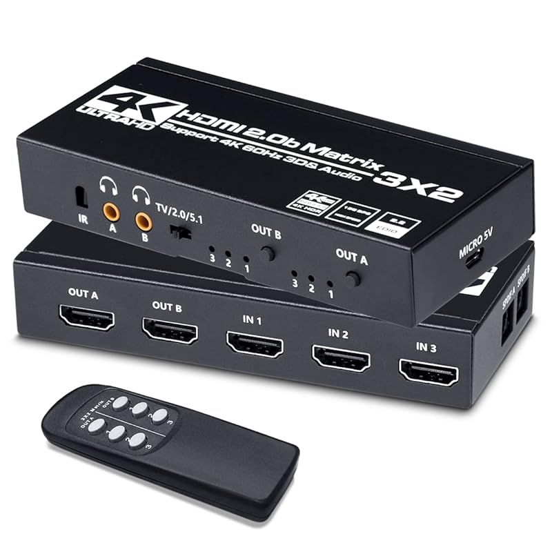 ELEVIEW HDMI マトリックス スイッチャー 3入力2出力 4K60Hz HDR対応